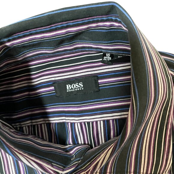 Boss Hugo Boss Men's Black Purple Striped Long Sleeve Button Front Shirt Size 16 - Picture 9 of 9